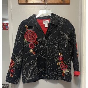 Tantrums Collection Black Floral Jacket Red Cuffs Women's Medium Petite